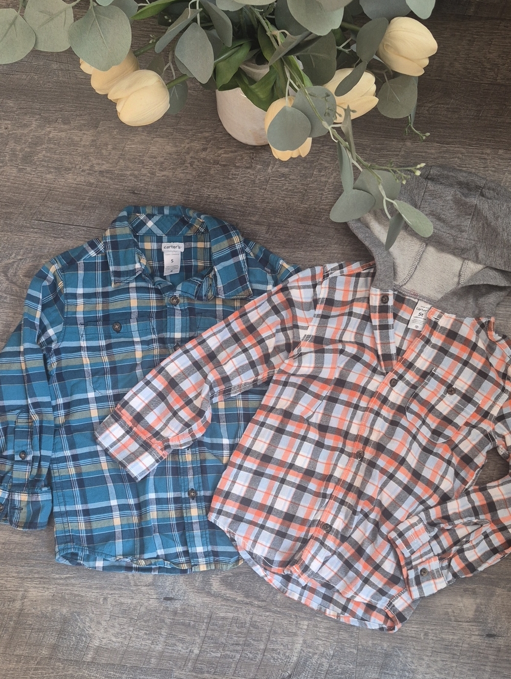 Carter's Kids Plaid Hooded Button-Up Shirt - Orange & Blue Size 5